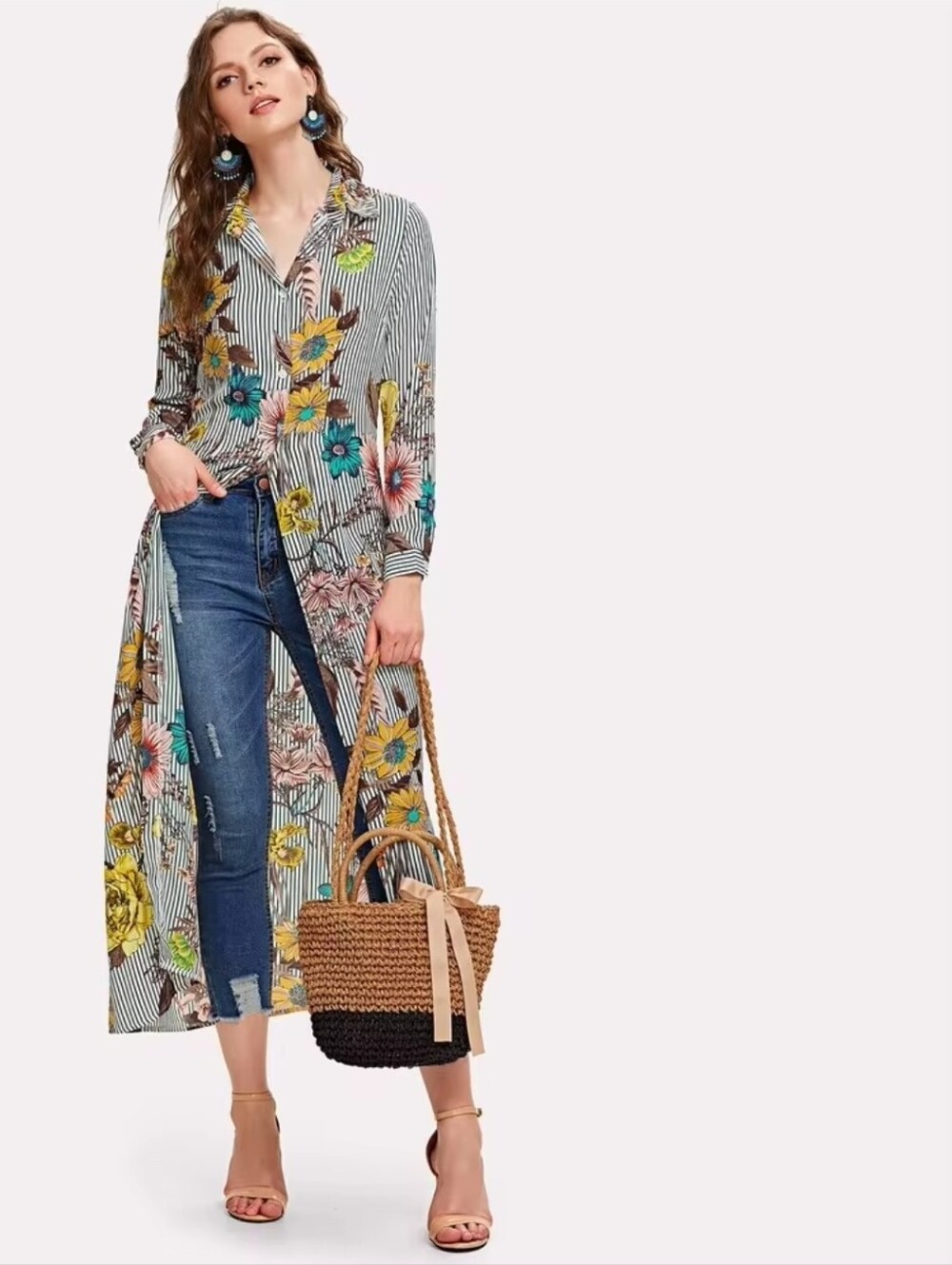SHEIN LUNE Vertical Striped Floral Longline Shirt